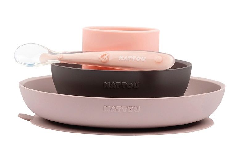 Nattou Set jedálenský silikónový 4 ks ružovo-fialový bez BPA
